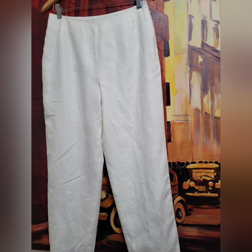 Charter Club White Linen Eyelet Lace Scalloped Hem Straight Leg Pants Size 8 - Picture 2 of 12